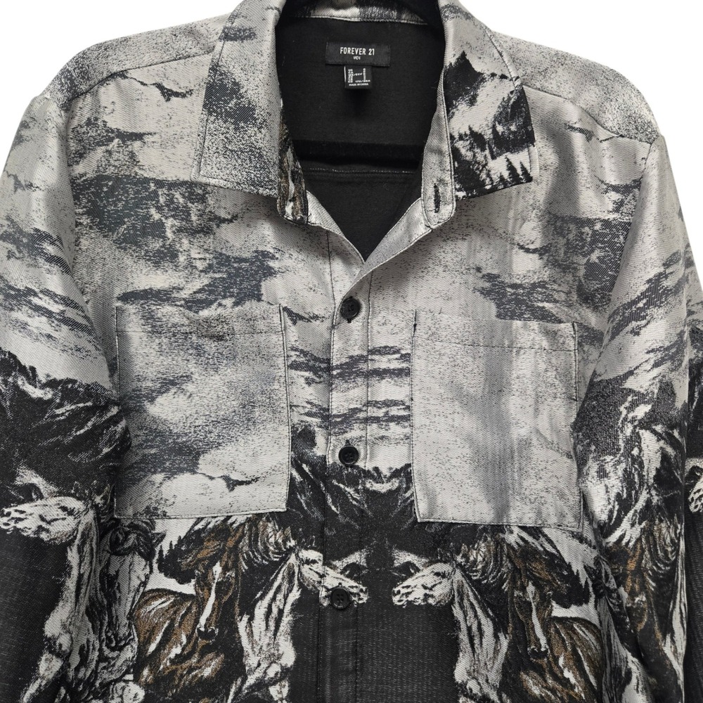 Forever‎ 21 Men Horse Western Tapestry Shirt Black Grey S Streetwear Long Sleeve